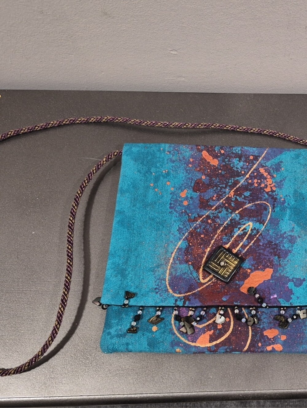 Artistic Teal Beaded Crossbody Clutch